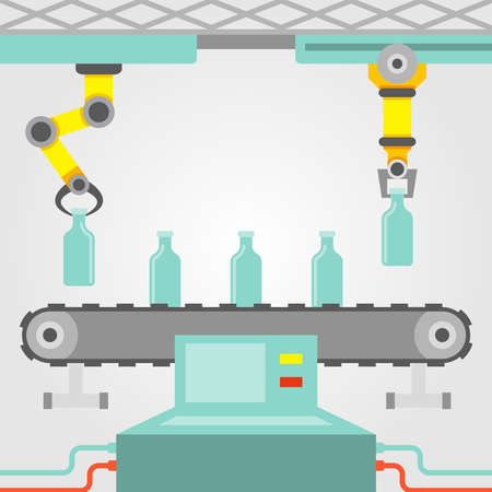 Robotic arm concept with factory conveyor line flat vector illustrationのイラスト素材