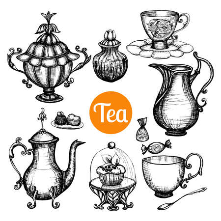 Hand drawn retro tea set with teapot cup cake isolated vector illustrationのイラスト素材