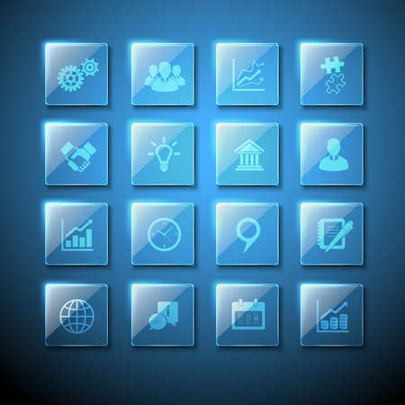 Icons set of transparent glass plates with web infographic business signs isolated vector illustrationのイラスト素材
