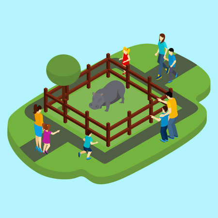 Hippo and zoo with fence and people on blue background isometric vector illustrationのイラスト素材