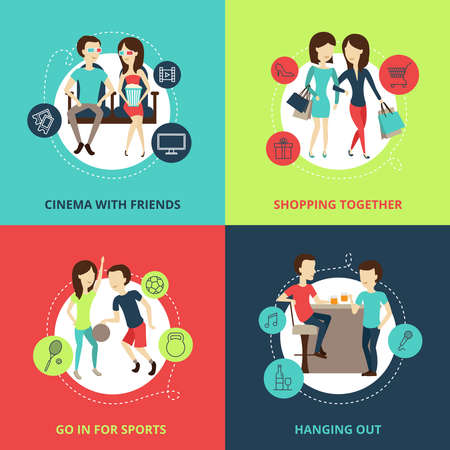 Friends concept icons set with cinema shopping and hanging out symbols flat isolated vector illustrationのイラスト素材