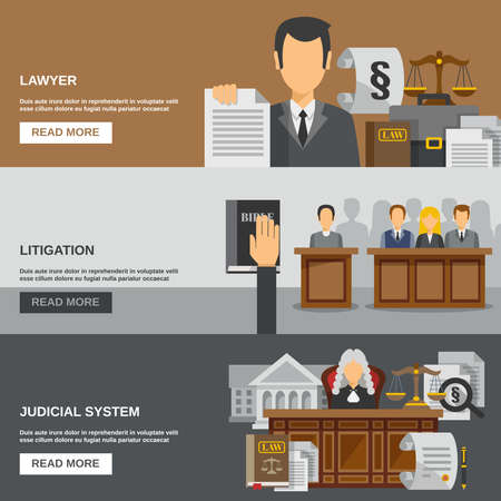 Law horizontal banner set with lawyer flat elements isolated vector illustrationのイラスト素材