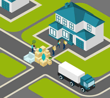 People relocating isometric concept with delivery workers truck and house vector illustration