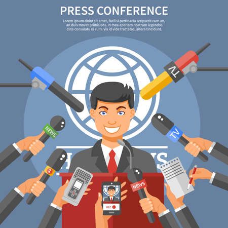 Press conference concept with speaker microphones and dictaphones flat vector illustrationのイラスト素材