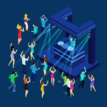 Dancing people with dance floor dj music and light isometric vector illustrationのイラスト素材