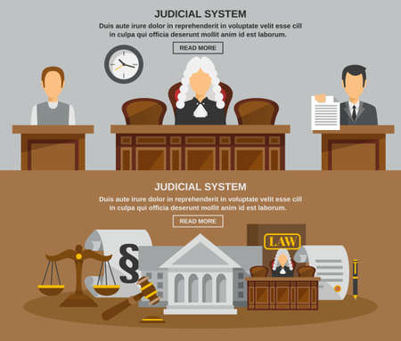 Law horizontal banner set with judical system elements isolated vector illustrationのイラスト素材