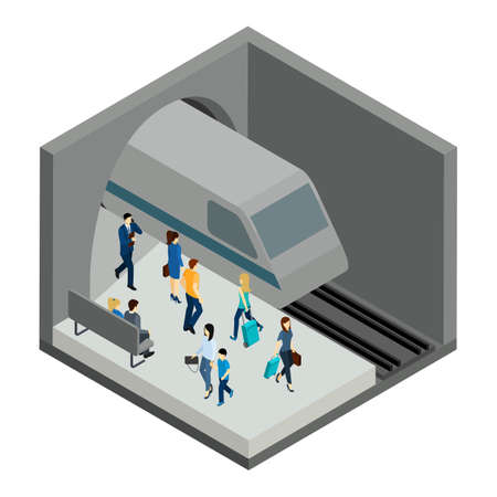 Underground people with train bench and platform isometric vector illustrationのイラスト素材