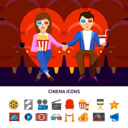 Cinema infographic set with a couple on a date and movie production symbols flat vector illustrationのイラスト素材