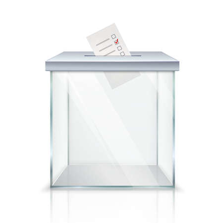 Realistic empty transparent ballot box with marked ballot in hole on white background isolated vector illustrationのイラスト素材