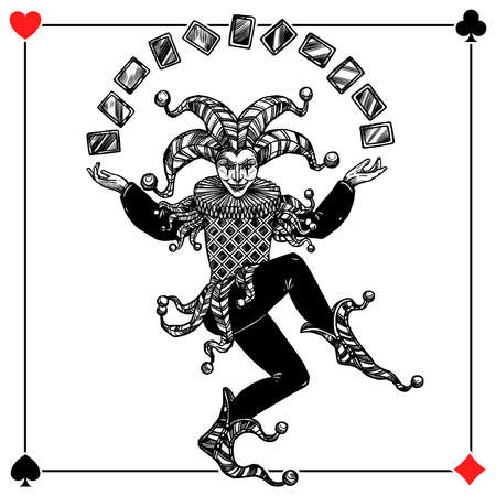 Joker card background with spades hearts diamonds and clubs flat vector illustrationのイラスト素材