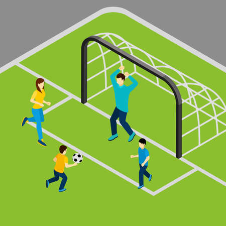 Family playing football with mother father and children isometric vector illustrationのイラスト素材