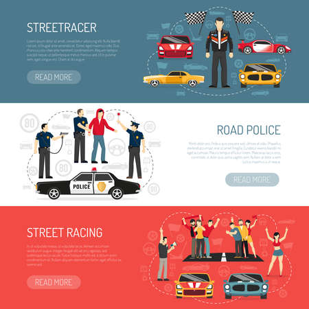 Street racing flat horizontal banners set with information about participants and road police abstract isolated vector illustrationのイラスト素材