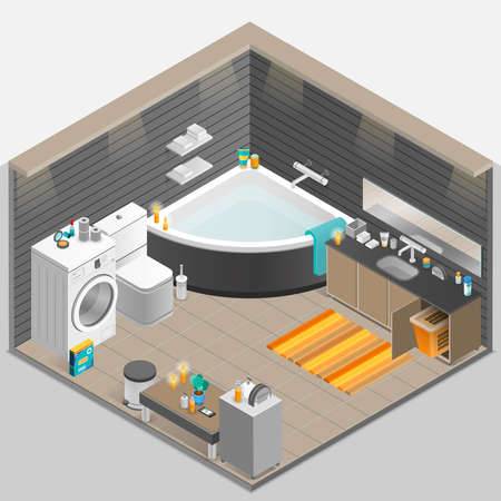 Bathroom with candles bath washing machine and mirror isometric vector illustrationのイラスト素材