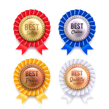 Four round best quality premium badges collection from gold silver bronze and copper realistic...