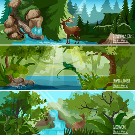Greenwood tropical forest landscape 3 horizontal banners set with lizard deer and conifers abstract isolated vector illustrationのイラスト素材