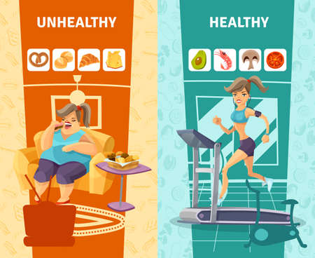Healthy and unhealthy woman vertical banners set cartoon isolated vector illustrationのイラスト素材