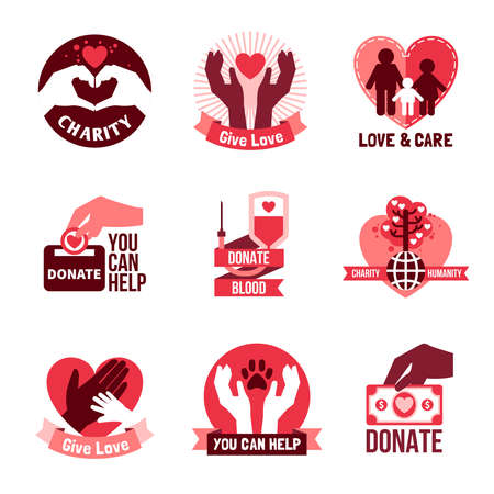 Charity pink logo emblems set with humanity symbols flat isolated vector illustrationのイラスト素材