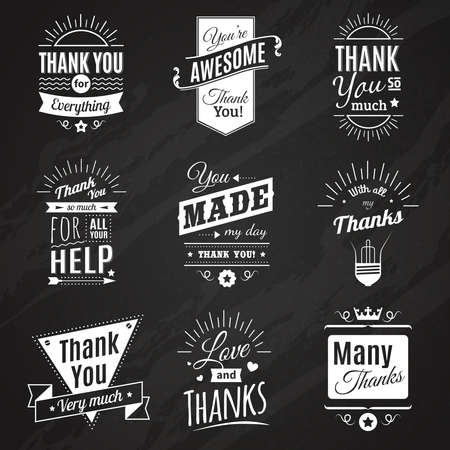 Chalkboard collection of nine vintage thank you signs making in different fashioned font style vector illustrationのイラスト素材