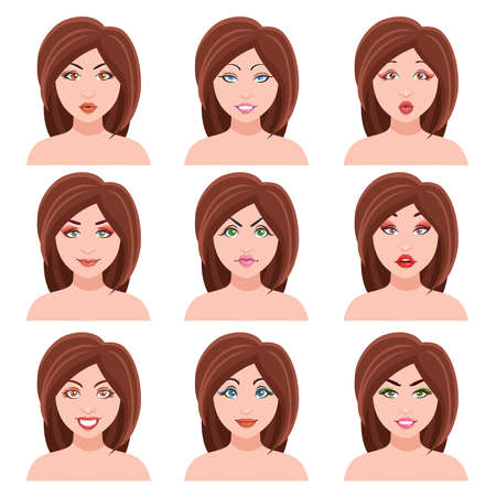 Woman faces set with eyes and lips makeup flat isolated vector illustrationのイラスト素材
