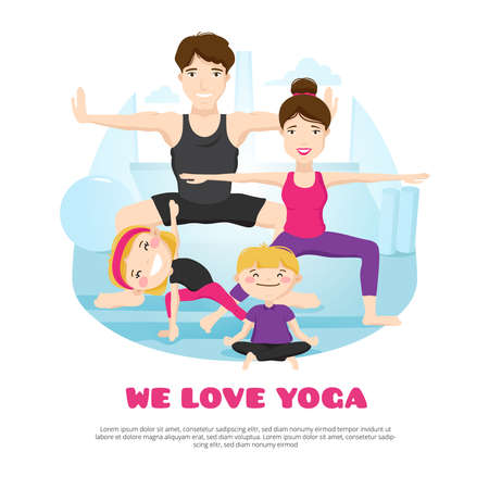 We love yoga wellness center poster with young family practicing asanas and poses together cartoon abstract vector illustrationのイラスト素材