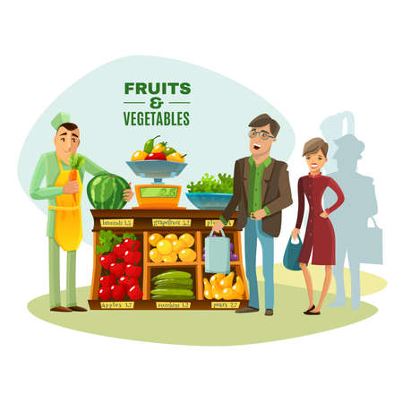 Fruit and vegetables seller with counter salesman and customers cartoon vector illustrationのイラスト素材