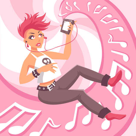 Girl listening to music with headphones and player flat vector illustrationのイラスト素材
