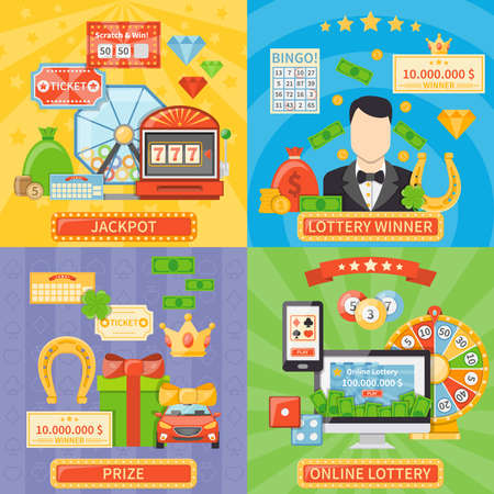 Lottery 2x2 design concept set of online lottery and jackpot compositions and prize and winner flat icons vector illustrationのイラスト素材