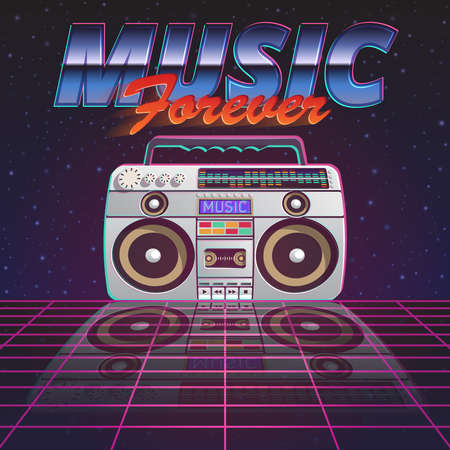 Music forever poster with retro tape recorder on glassy floor on starry sky background flat vector illustrationのイラスト素材