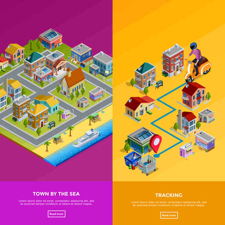 Isometric city banners with town by sea and delivery to house isolated vector illustrationのイラスト素材