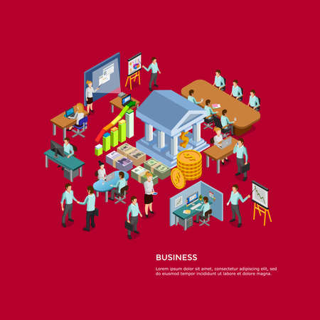 Isometric business concept set with men and women working in office vector illustrationのイラスト素材