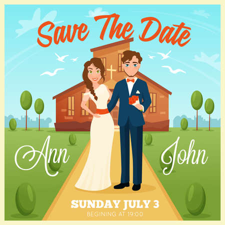 Wedding invitation cartoon card with bride and groom on church background and wedding date flat vector illustrationのイラスト素材