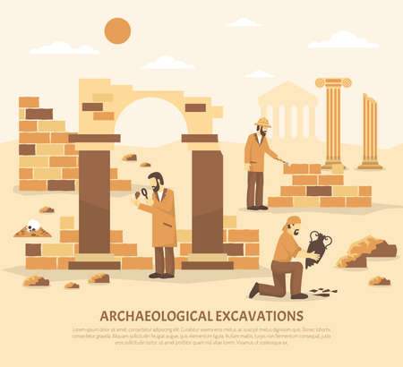 Color flat illustration depicting scientists conducting archaeological excavations vector illustrationのイラスト素材