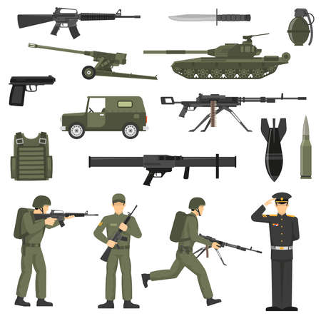 Army icons collection with military soldiers officers servicemen  ammunition weapon and machinery olive khaki abstract vector illustrationのイラスト素材