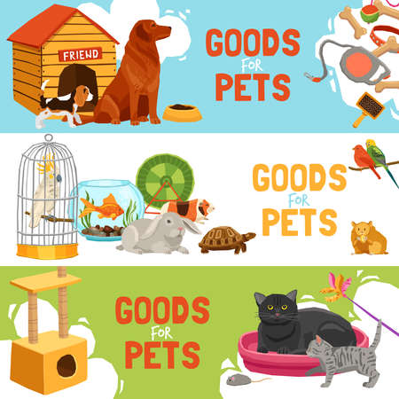 Home pets three horizontal banners with parrot in cage turtle rabbit dog and cat icons and description goods for pets vector illustrationのイラスト素材