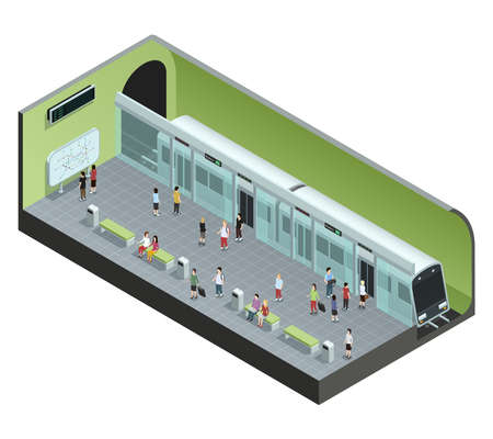 Color isometric concept depicting subway station with train and people vector illustrationのイラスト素材