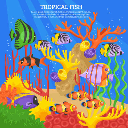 Tropical fish sea background with corals and water flat vector illustrationのイラスト素材