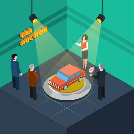 Isometric car auction process abstract with bidding people looking at the car presented vector illustrationのイラスト素材