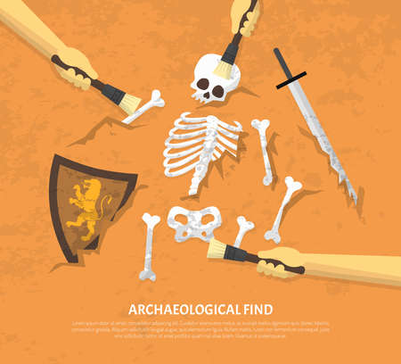 Archaeological site discovery poster with new unearthed finds medieval knight remnants on sand background flat vector illustrationのイラスト素材