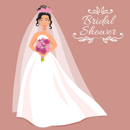 Bridal shower cartoon invitation with beautiful young bride in white dress and veil on rose background holding bouquet of roses  vector illustrationのイラスト素材