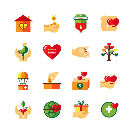Non profit charity organizations symbols of fundraising donations and love flat icons collection abstract isolated vector illustratiのイラスト素材