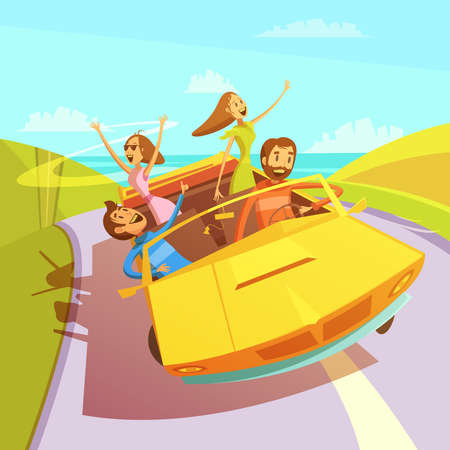 Friends traveling in a cabriolet to the sea background with men and women cartoon vector illustrationのイラスト素材