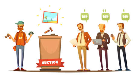 Traditional auction painting sale bidding participants with laptop tablet and cell phone retro cartoon people vector illustrationのイラスト素材