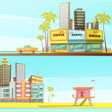 Miami beach horizontal banners in cartoon style with sea shore barber bakery cafe lifeguard cabin flat vector illustrationのイラスト素材
