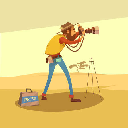 Journalist in a dry desert making photos with camera cartoon vector illustrationのイラスト素材