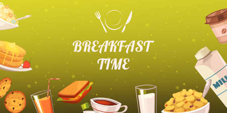 Set of snacks for breakfast on mustard background with drinks toasts flake cakes baked goods flat vector illustrationのイラスト素材