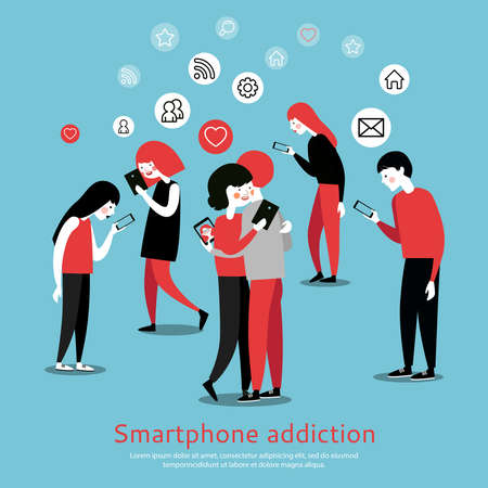 Smartphone internet addiction awareness flat poster with people chatting with virtual friends and checking mails abstract vector illustrationのイラスト素材