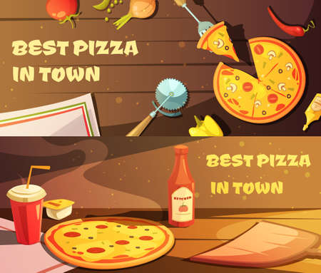 Set of horizontal banners for restaurant with advertising of best pizza in town flat vector illustrationのイラスト素材