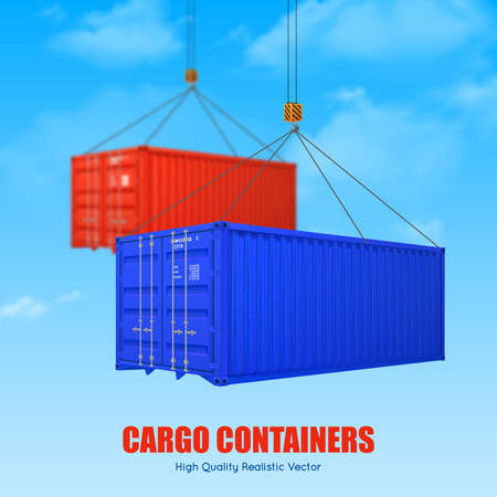 Advertising poster of blue and red cargo containers picked up by crane hooks realistic vector...