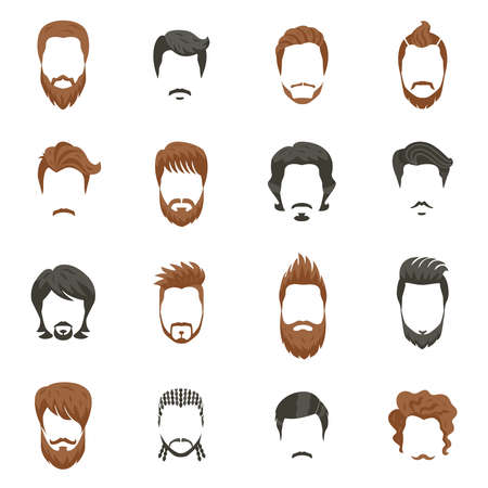 Men hairstyle icons set with beard and moustache flat isolated vector illustrationのイラスト素材