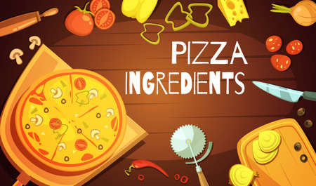Colorful background with prepared pizza meat and vegetable ingredients and knife for cutting flat vector illustrationのイラスト素材